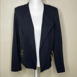 CHICO’S Moto Blazer Jacket Black Gold Double Zip Pockets Open Front Long 2 (8)